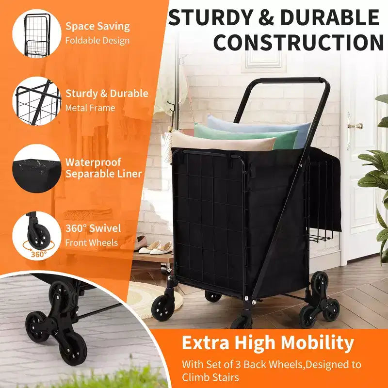 COZONY Heavy Duty Stair Climbing Utility Cart, Folding Carbon Steel Trolley w/ 360 Tri-Wheels