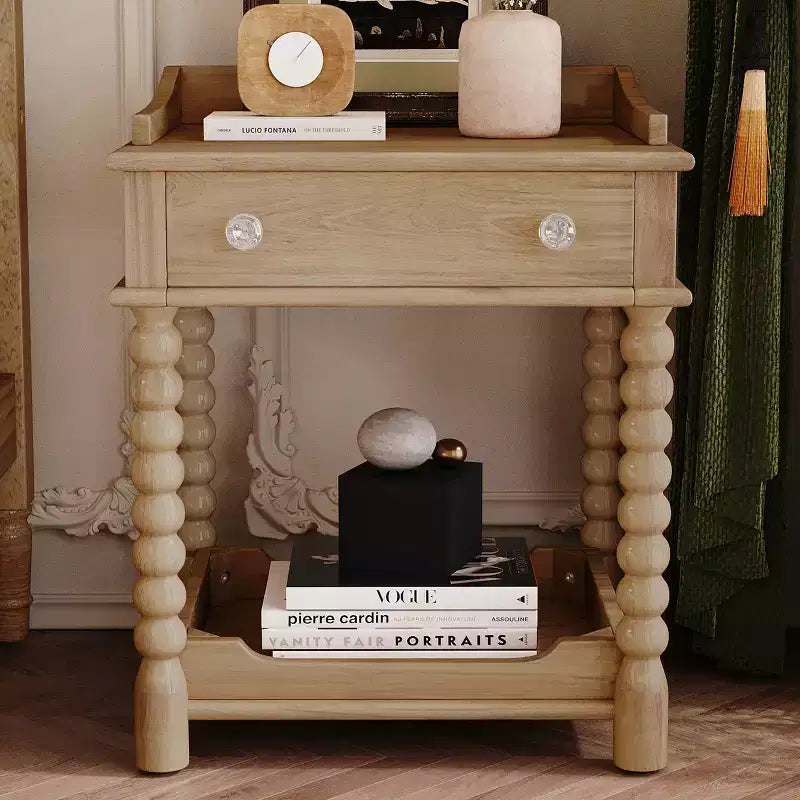 MAYEERTY Retro Style Nightstand with Drawer Open Shelf Turned Legs Metal Handle for Bedroom Natural