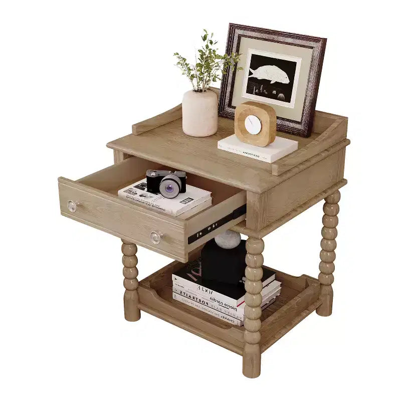 MAYEERTY Table de chevet de style rétro avec tiroir Étagère ouverte Pieds tournés Poignée en métal pour chambre à coucher Naturel