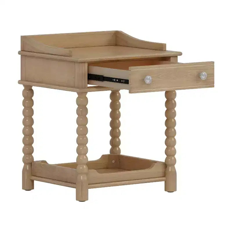 MAYEERTY Table de chevet de style rétro avec tiroir Étagère ouverte Pieds tournés Poignée en métal pour chambre à coucher Naturel