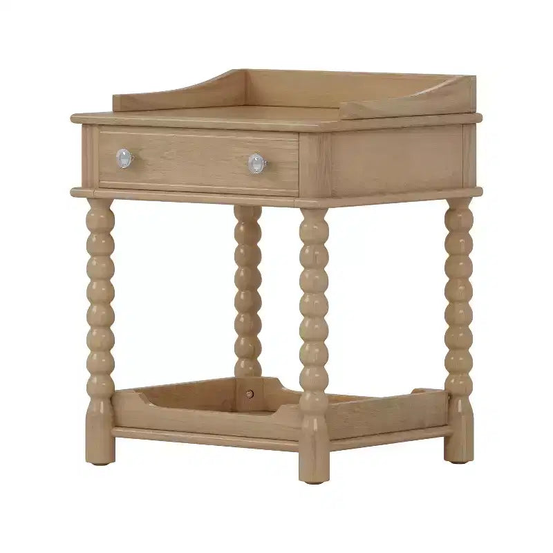 MAYEERTY Table de chevet de style rétro avec tiroir Étagère ouverte Pieds tournés Poignée en métal pour chambre à coucher Naturel