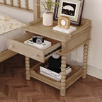 MAYEERTY Table de chevet de style rétro avec tiroir Étagère ouverte Pieds tournés Poignée en métal pour chambre à coucher Naturel