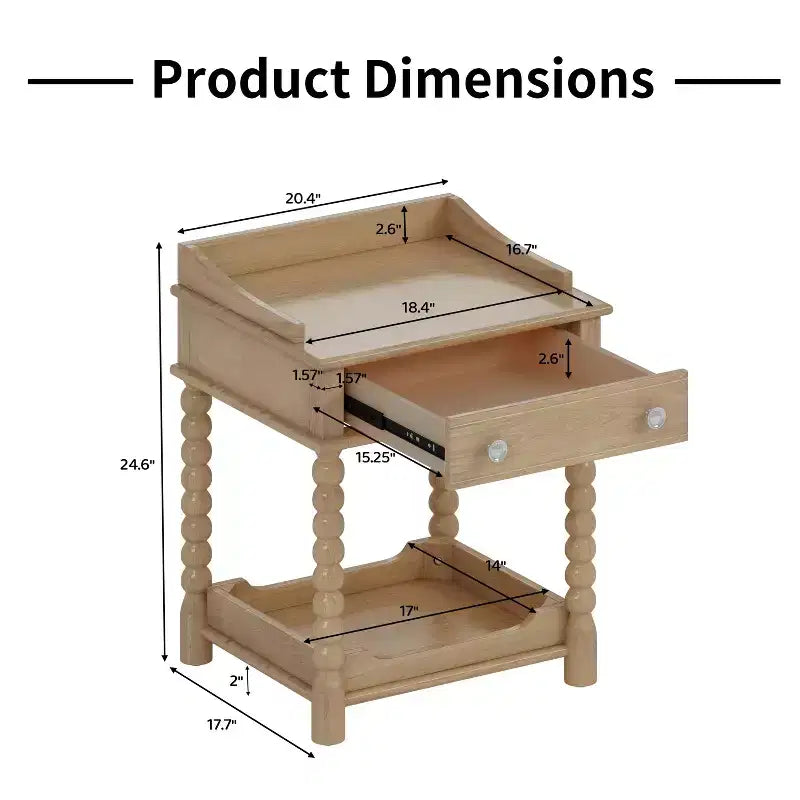 MAYEERTY Table de chevet de style rétro avec tiroir Étagère ouverte Pieds tournés Poignée en métal pour chambre à coucher Naturel