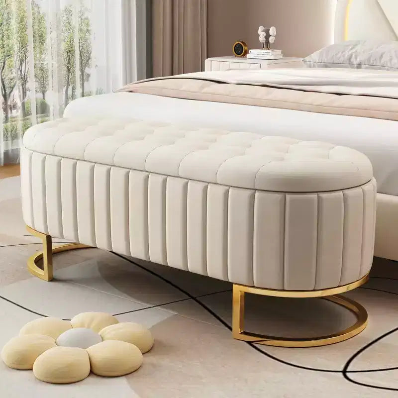 MAYEERTY Upholstered Velvet Storage Ottoman with Buttom Tufted Storahe Bench with Metal Legs for Bedroom Beige