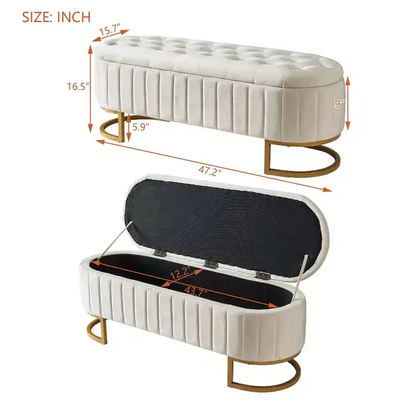 MAYEERTY Upholstered Velvet Storage Ottoman with Buttom Tufted Storahe Bench with Metal Legs for Bedroom Beige