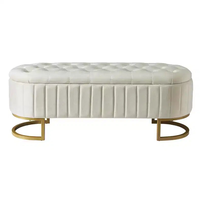 MAYEERTY Upholstered Velvet Storage Ottoman with Buttom Tufted Storahe Bench with Metal Legs for Bedroom Beige