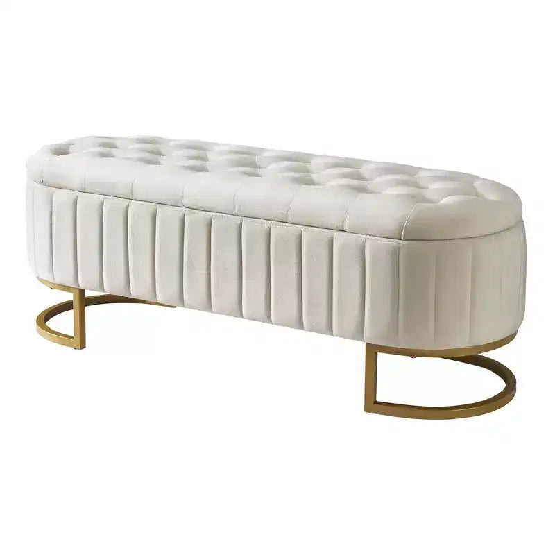 MAYEERTY Upholstered Velvet Storage Ottoman with Buttom Tufted Storahe Bench with Metal Legs for Bedroom Beige