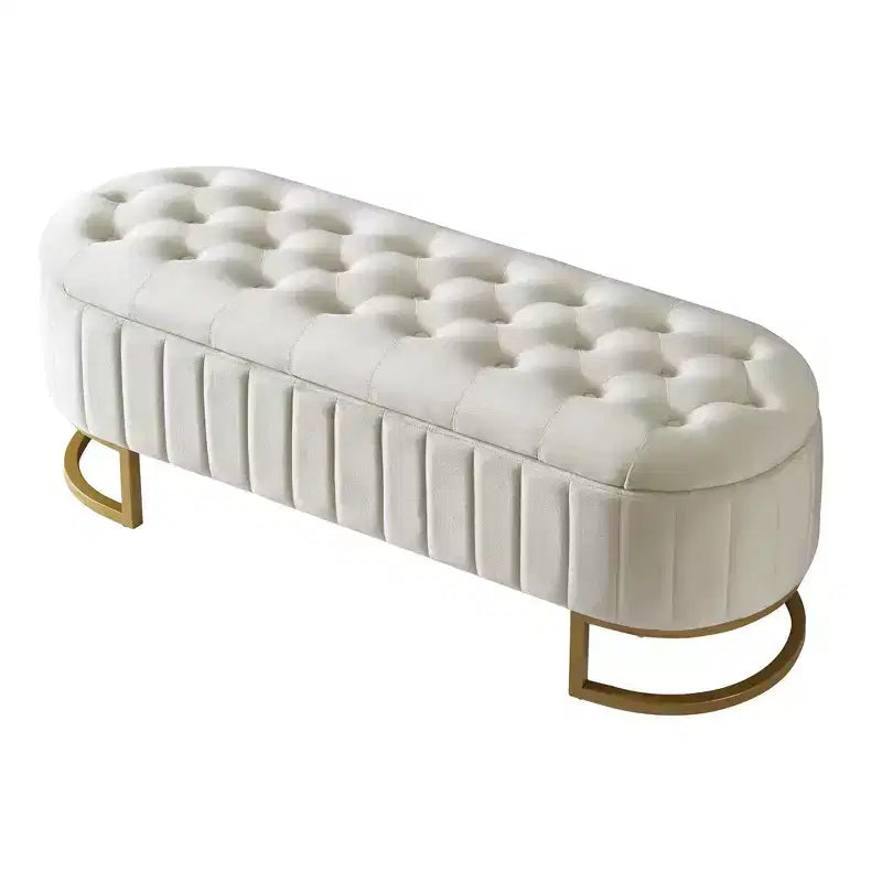 MAYEERTY Upholstered Velvet Storage Ottoman with Buttom Tufted Storahe Bench with Metal Legs for Bedroom Beige