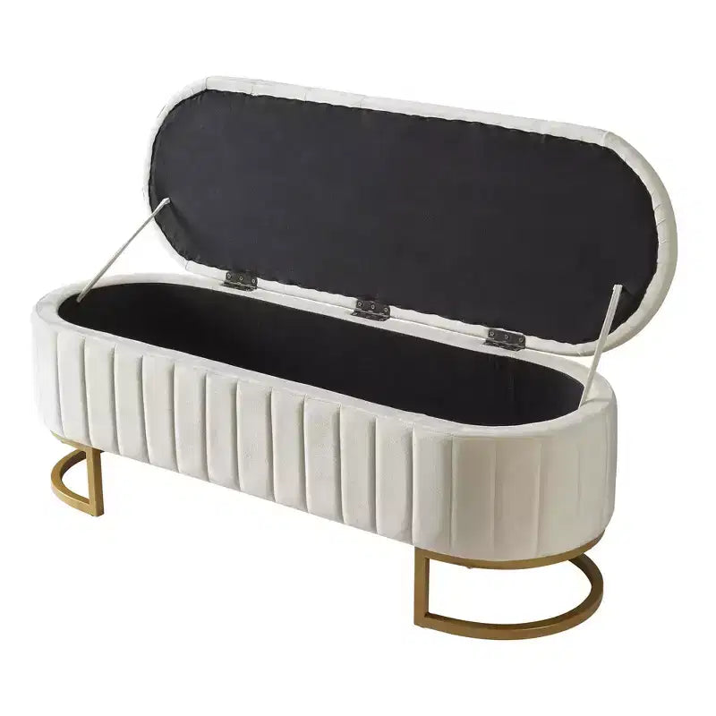 MAYEERTY Upholstered Velvet Storage Ottoman with Buttom Tufted Storahe Bench with Metal Legs for Bedroom Beige