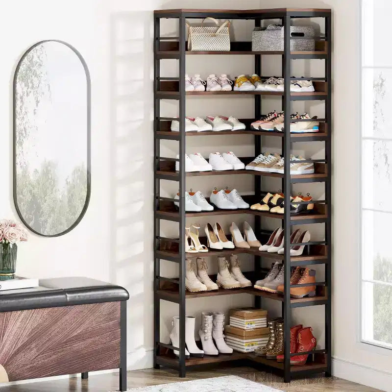 Lantine 9-Tier Corner Shoe Rack, Tall Vertical Free Standing Organizer for Entryway, Hallway, Closet, Rustic Brown, Space Saving