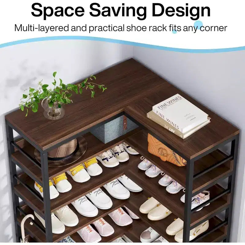 Lantine 9-Tier Corner Shoe Rack, Tall Vertical Free Standing Organizer for Entryway, Hallway, Closet, Rustic Brown, Space Saving