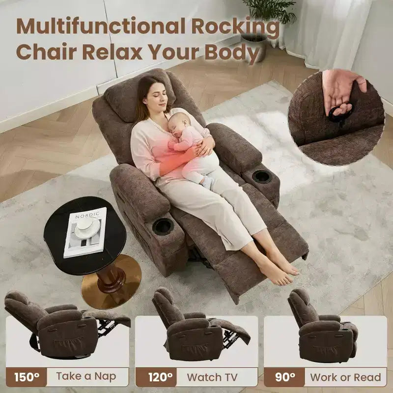 COZONY Manual Recliner Chair with Massage, Heat & 360 Swivel, Overstuffed Sofa with Cup Holders for Living Room