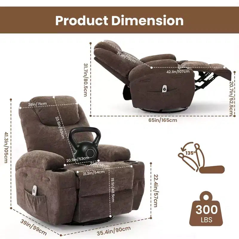 COZONY Manual Recliner Chair with Massage, Heat & 360 Swivel, Overstuffed Sofa with Cup Holders for Living Room