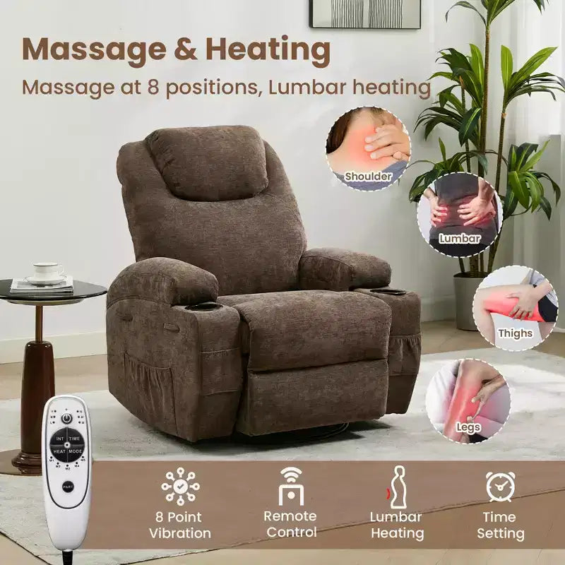 COZONY Manual Recliner Chair with Massage, Heat & 360 Swivel, Overstuffed Sofa with Cup Holders for Living Room