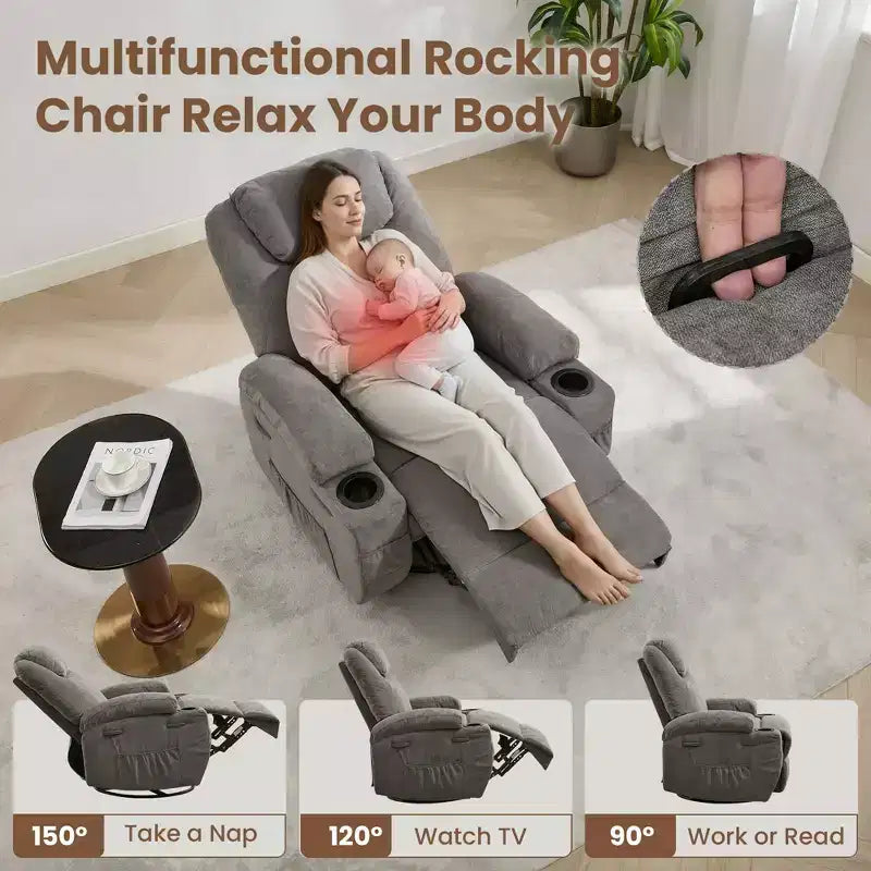 COZONY Manual Recliner Chair with Massage, Heat & 360 Swivel, Overstuffed Sofa with Cup Holders for Living Room