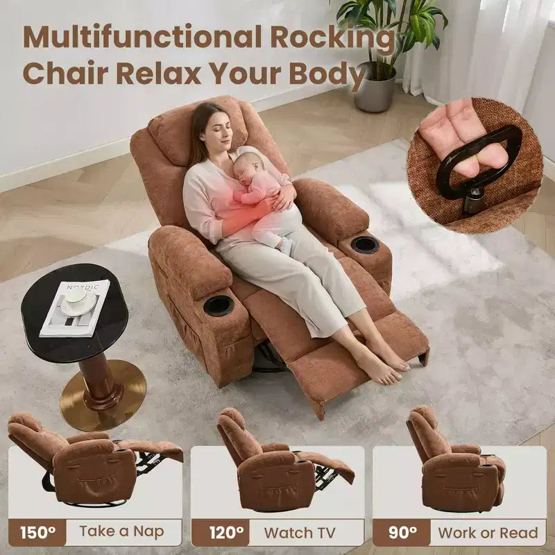 COZONY Manual Recliner Chair with Massage, Heat & 360 Swivel, Overstuffed Sofa with Cup Holders for Living Room