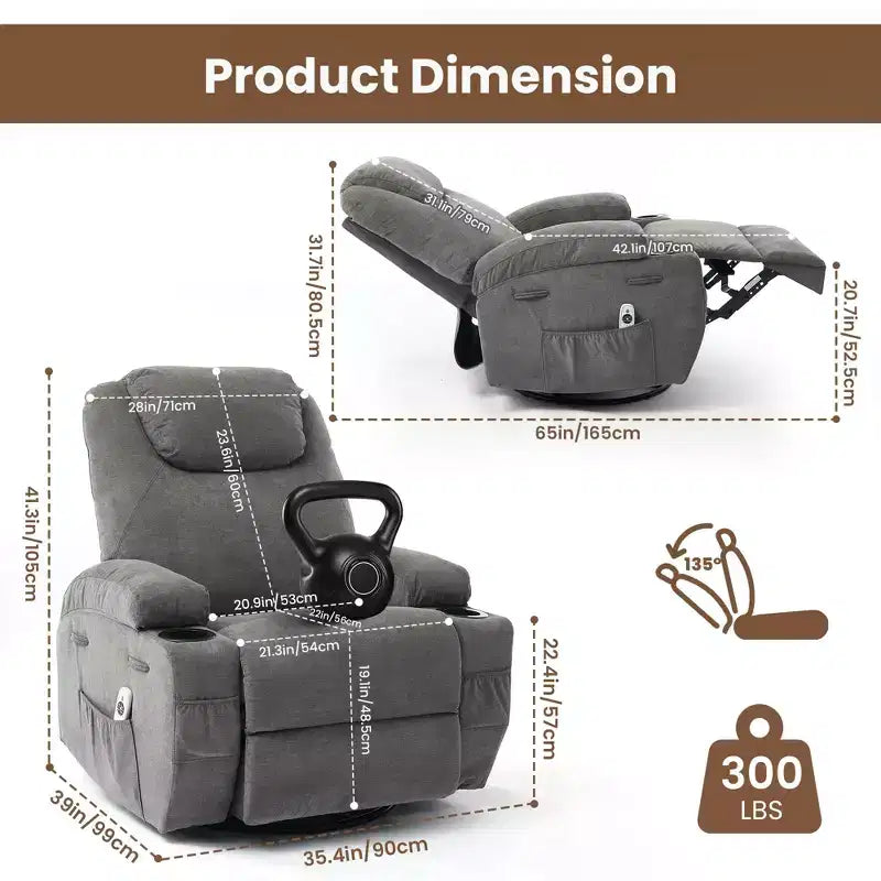 COZONY Manual Recliner Chair with Massage, Heat & 360 Swivel, Overstuffed Sofa with Cup Holders for Living Room
