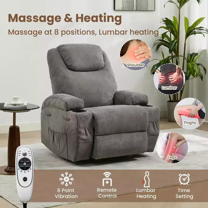 COZONY Manual Recliner Chair with Massage, Heat & 360 Swivel, Overstuffed Sofa with Cup Holders for Living Room