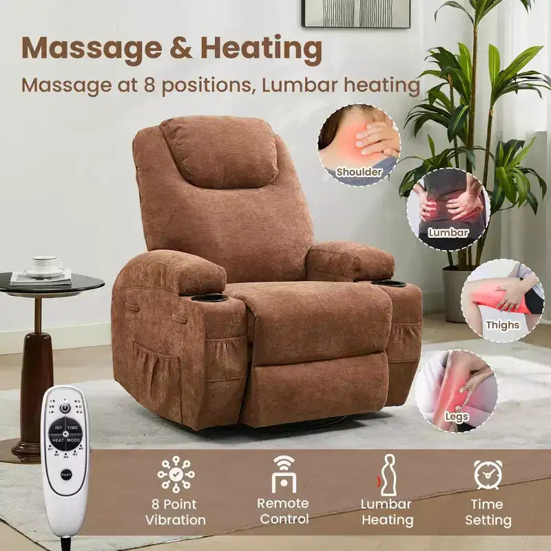 COZONY Manual Recliner Chair with Massage, Heat & 360 Swivel, Overstuffed Sofa with Cup Holders for Living Room