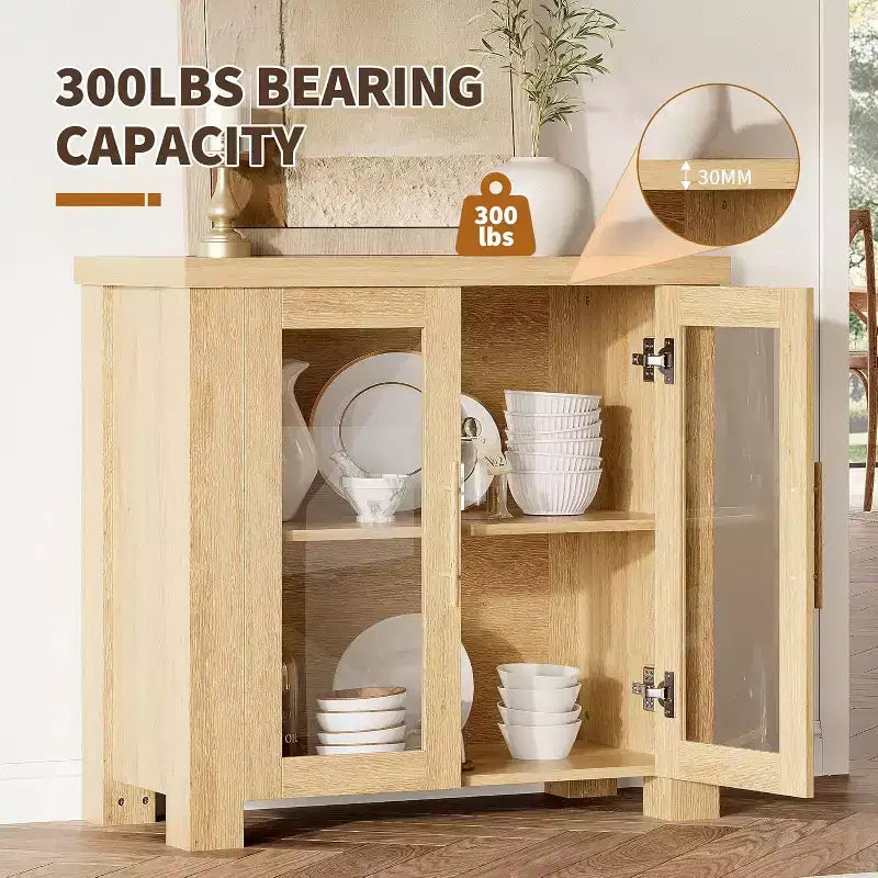 Buffet en bois avec portes en verre trempé, bahut robuste avec rangement, poignées en métal pour salon, salle à manger ou cuisine
