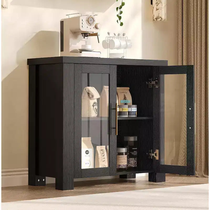 Buffet en bois avec portes en verre trempé, bahut robuste avec rangement, poignées en métal pour salon, salle à manger ou cuisine