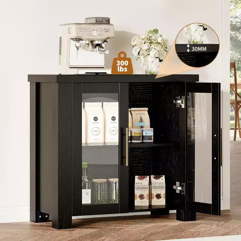 Buffet en bois avec portes en verre trempé, bahut robuste avec rangement, poignées en métal pour salon, salle à manger ou cuisine