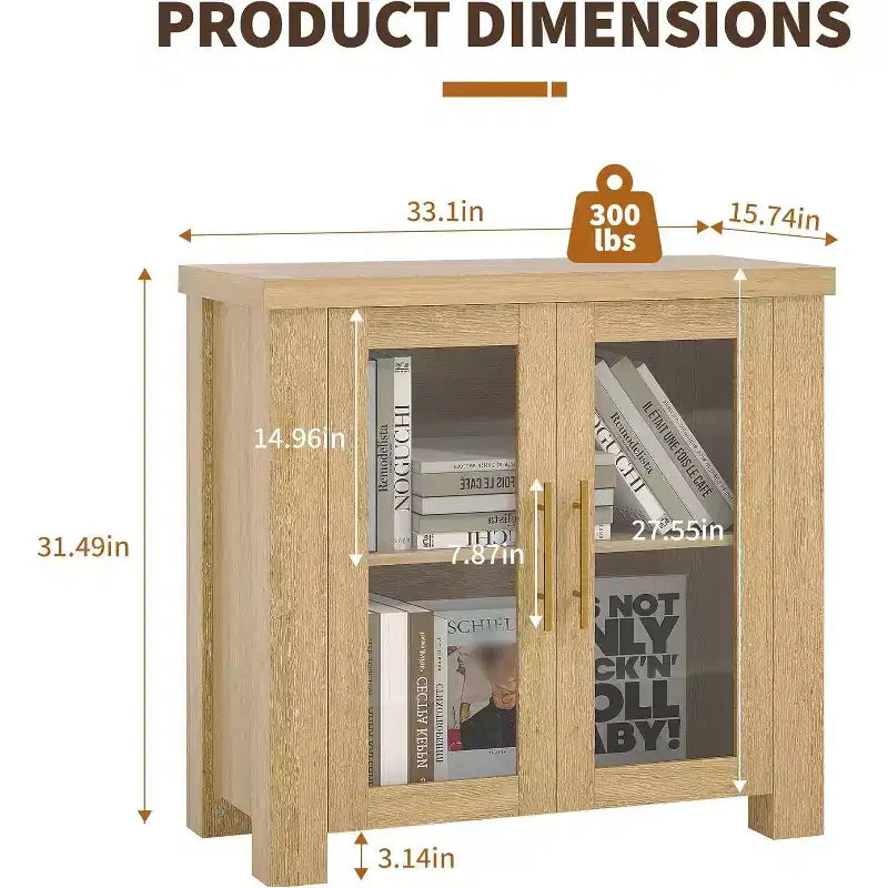 Buffet en bois avec portes en verre trempé, bahut robuste avec rangement, poignées en métal pour salon, salle à manger ou cuisine