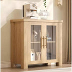 Buffet en bois avec portes en verre trempé, bahut robuste avec rangement, poignées en métal pour salon, salle à manger ou cuisine