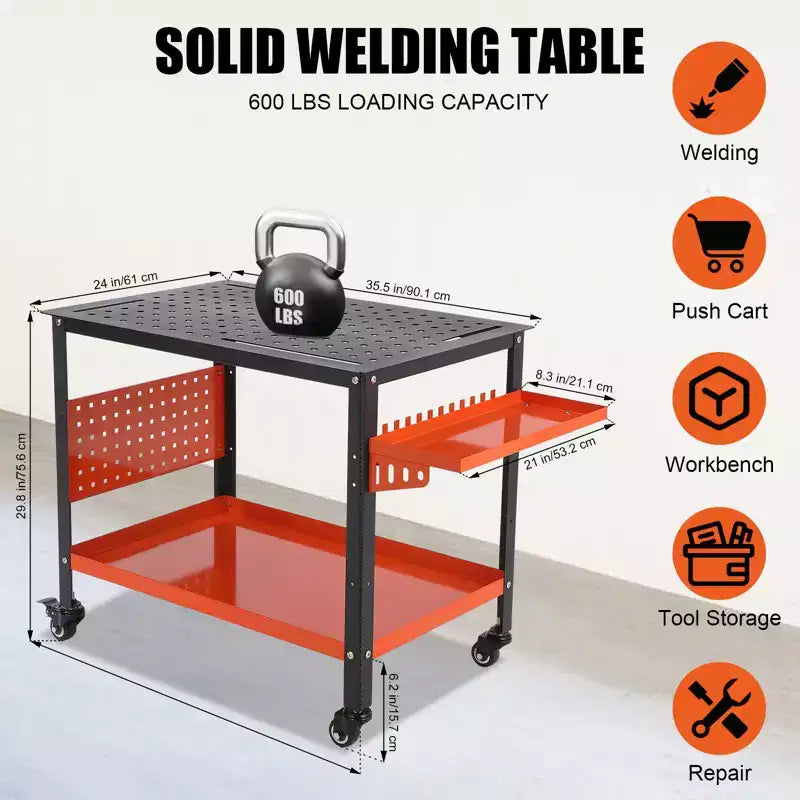 Table de soudure 36"x24"x29.8" avec roues, rangement et panneau perforé, Établi de soudure mobile en acier robuste, Table d'atelier portable pour amateur (Orange)