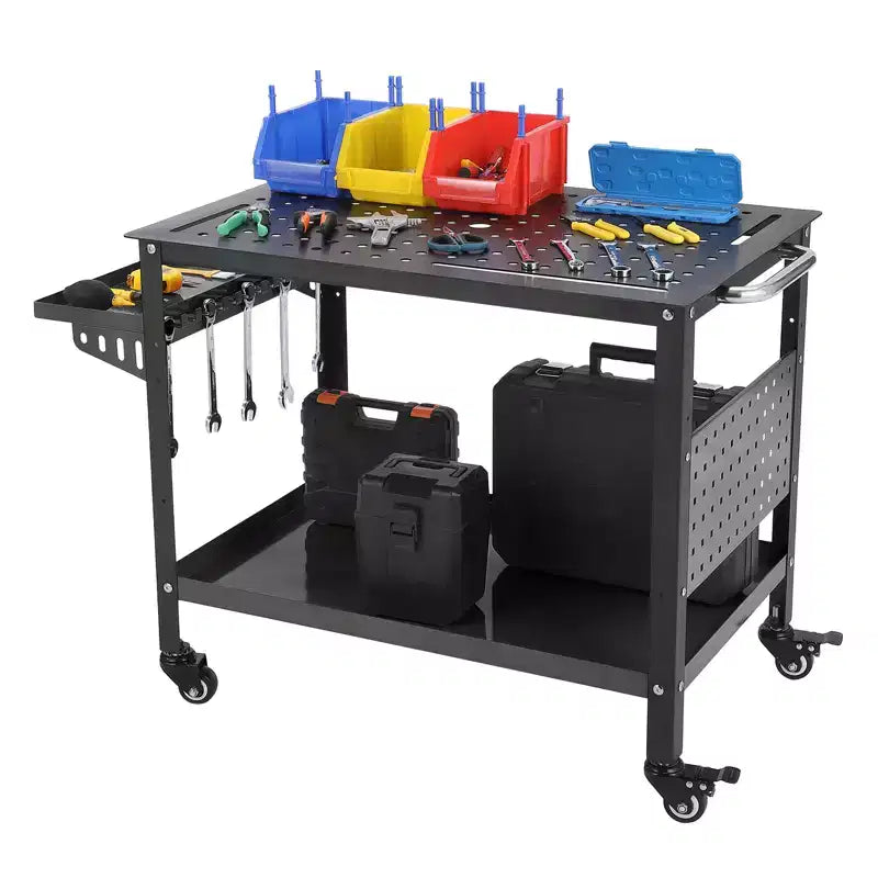 Table de soudure 36"x24"x29.8" avec roues, rangement et panneau perforé, Établi de soudure mobile en acier robuste, Table d'atelier portable pour amateur (Orange)