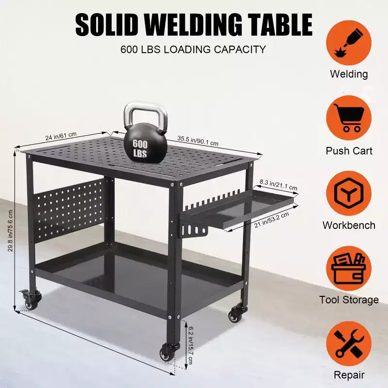 Table de soudure 36"x24"x29.8" avec roues, rangement et panneau perforé, Établi de soudure mobile en acier robuste, Table d'atelier portable pour amateur (Orange)