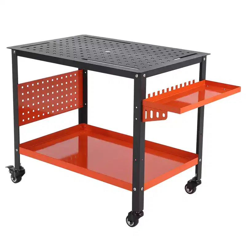 Table de soudure 36"x24"x29.8" avec roues, rangement et panneau perforé, Établi de soudure mobile en acier robuste, Table d'atelier portable pour amateur (Orange)