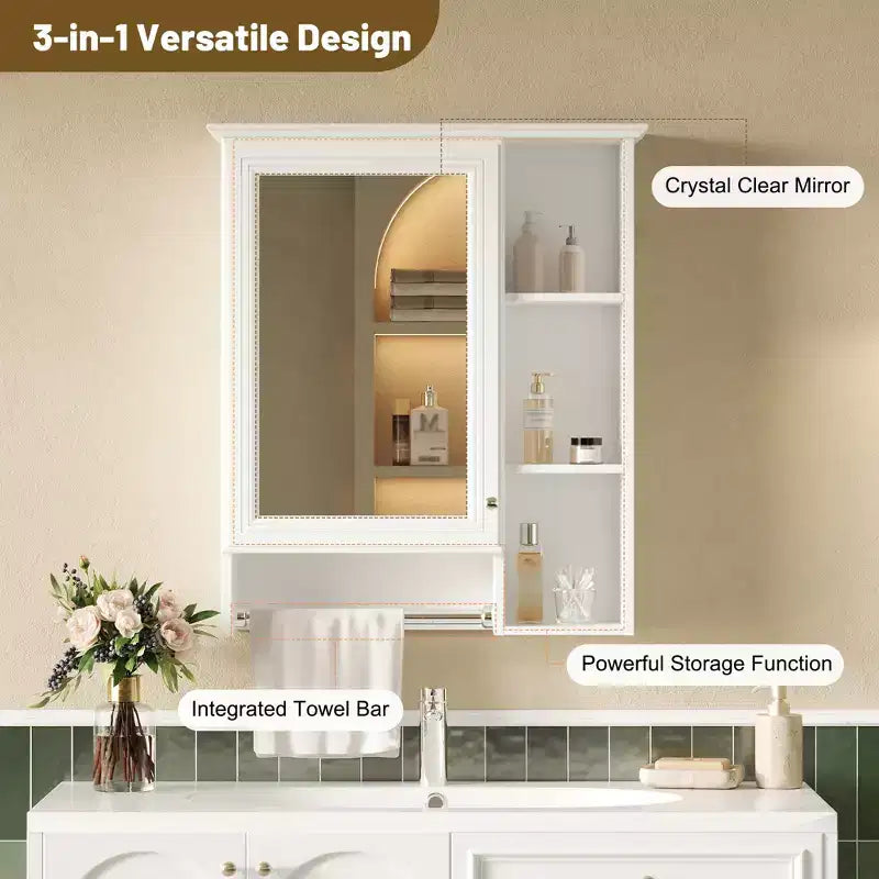 GDFStudio Nataly 24 Armoire de toilette minimaliste 3-en-1 avec miroir haute définition et barre porte-serviettes