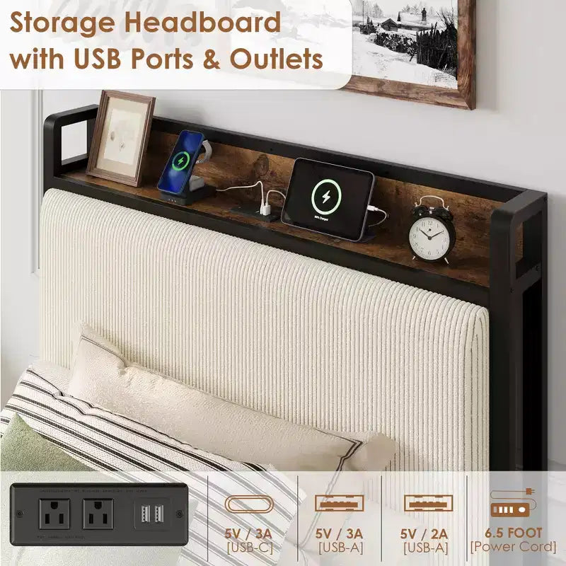Cadre de lit plateforme Twin XL avec 2 tiroirs de rangement et tête de lit de chargement - Rembourrage en lin rustique, support robuste de 360 kg, ports USB-C/USB inclus