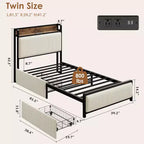 Cadre de lit plateforme Twin XL avec 2 tiroirs de rangement et tête de lit de chargement - Rembourrage en lin rustique, support robuste de 360 kg, ports USB-C/USB inclus