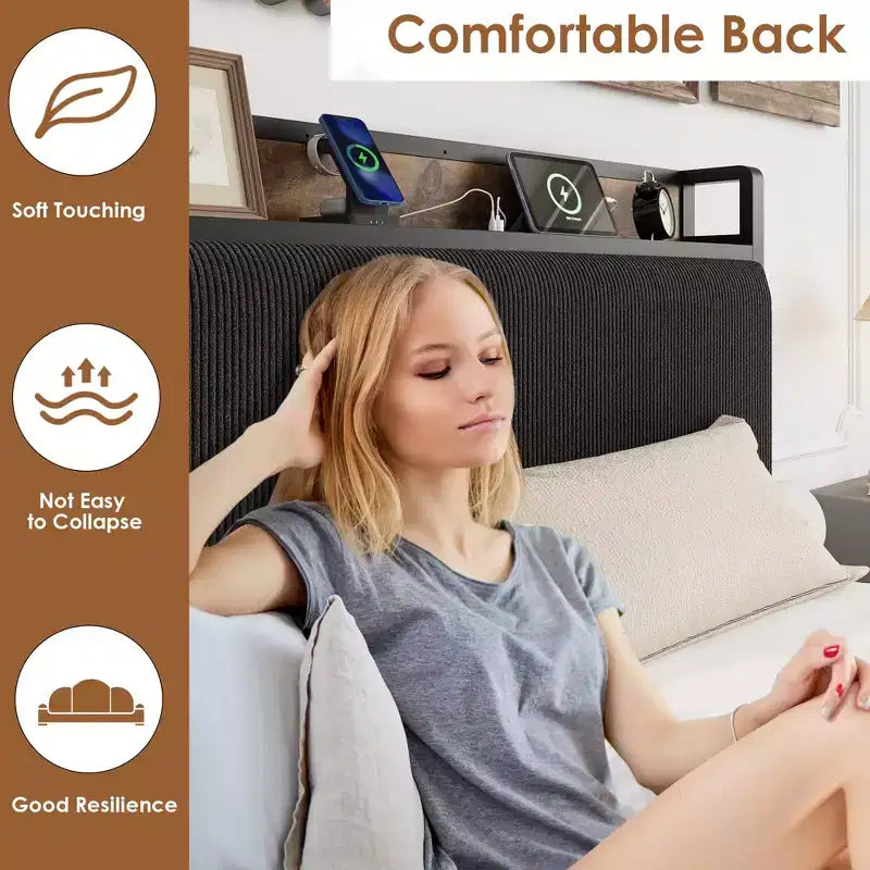 Cadre de lit plateforme Twin XL avec 2 tiroirs de rangement et tête de lit de chargement - Rembourrage en lin rustique, support robuste de 360 kg, ports USB-C/USB inclus