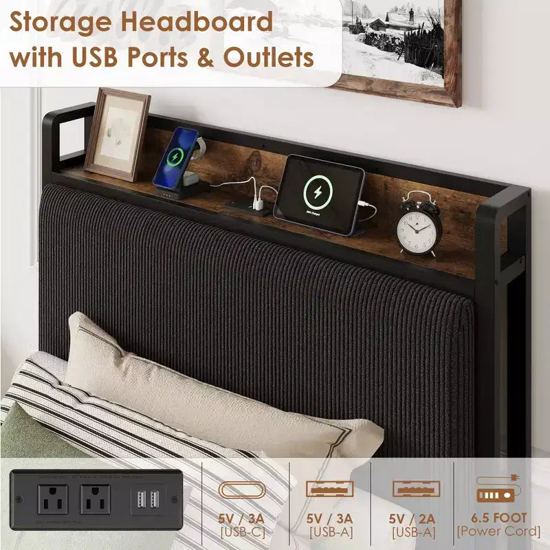 Cadre de lit plateforme Twin XL avec 2 tiroirs de rangement et tête de lit de chargement - Rembourrage en lin rustique, support robuste de 360 kg, ports USB-C/USB inclus