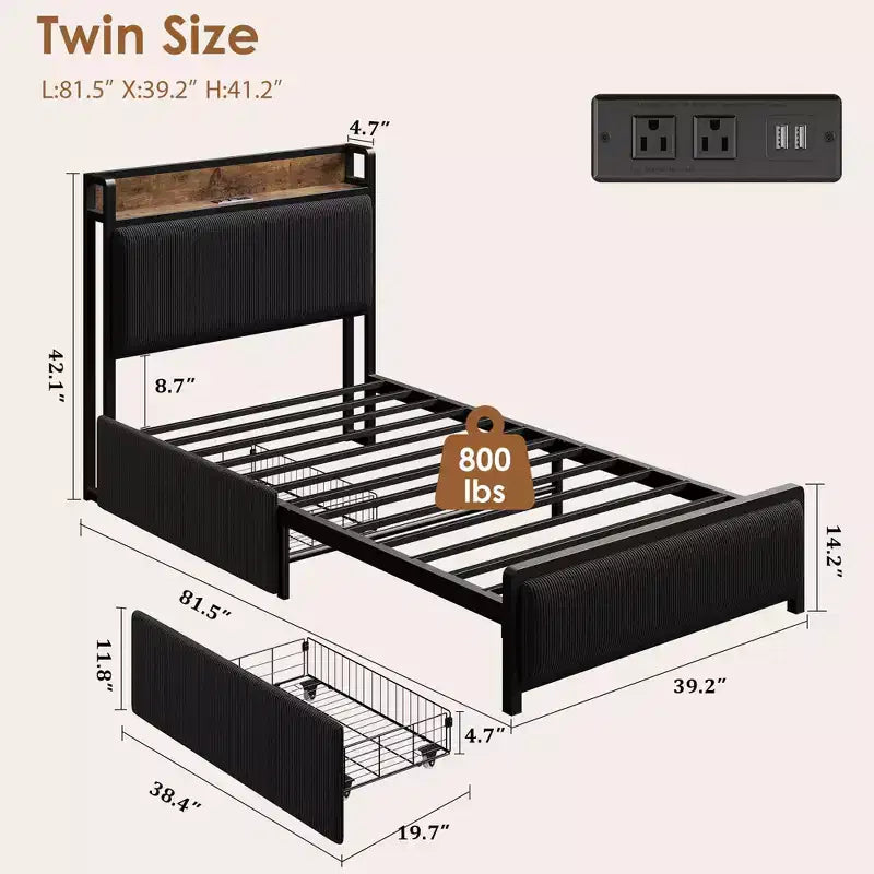 Cadre de lit plateforme Twin XL avec 2 tiroirs de rangement et tête de lit de chargement - Rembourrage en lin rustique, support robuste de 360 kg, ports USB-C/USB inclus