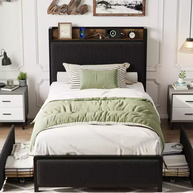Twin XL Platform Bed Frame with 2 Storage Drawers & Charging Headboard - Rustic Linen Upholstery, 800lb Heavy Duty Support, USB-C/USB Ports Include