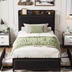 Twin XL Platform Bed Frame with 2 Storage Drawers & Charging Headboard - Rustic Linen Upholstery, 800lb Heavy Duty Support, USB-C/USB Ports Include
