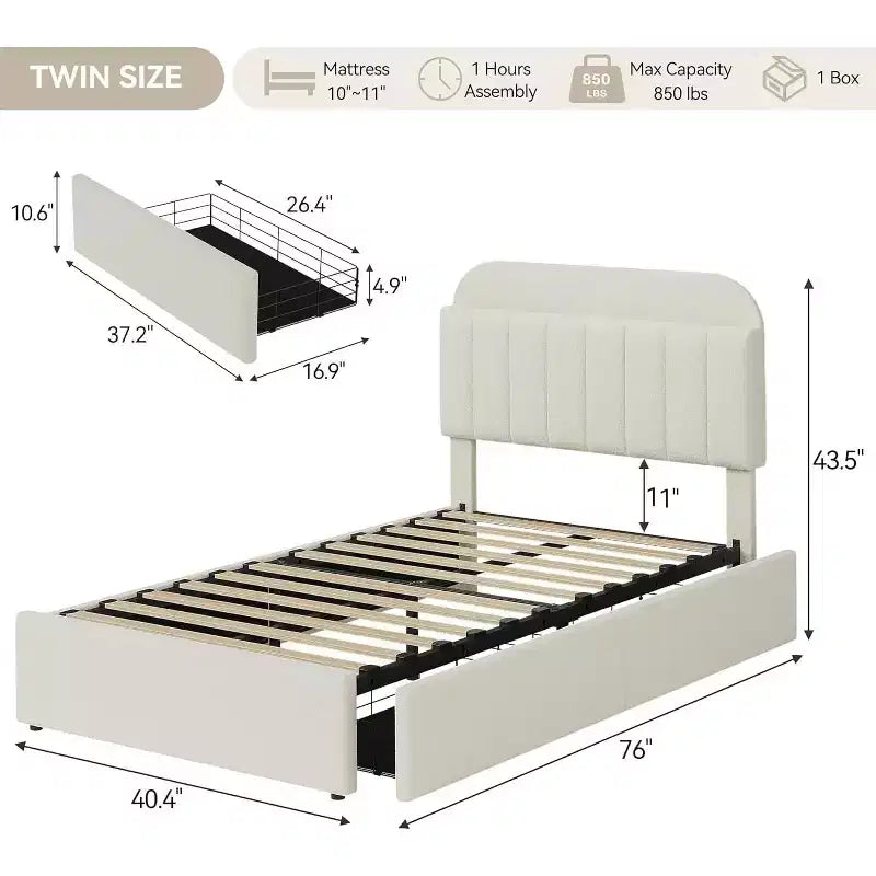 Twin Size Bed Frame, Easy Assembly Space Saving Design for Living Room & Guest Room, Beige
