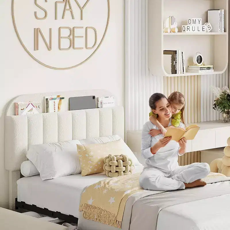 Twin Size Bed Frame, Easy Assembly Space Saving Design for Living Room & Guest Room, Beige