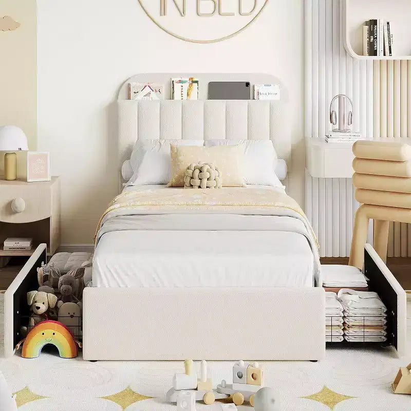 Twin Size Bed Frame, Easy Assembly Space Saving Design for Living Room & Guest Room, Beige