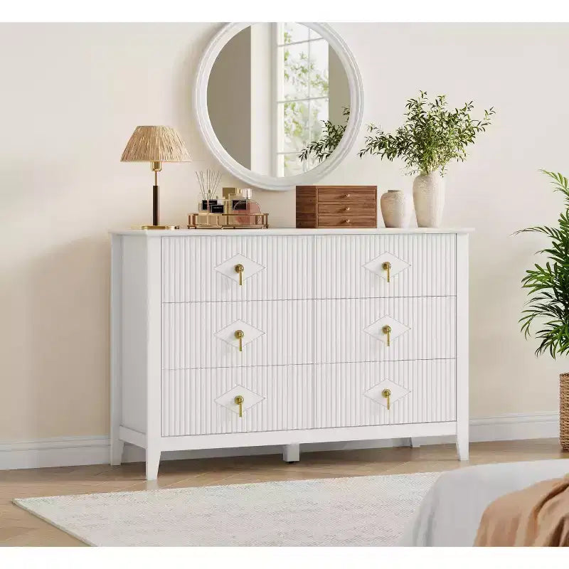 48 Wide 6-Drawer Dresser, Modern Chest with Metal Handles for Bedroom Storage, White