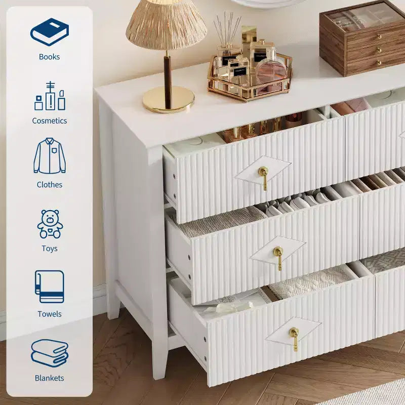 Commode 6 tiroirs de 122 cm de large, meuble de rangement moderne avec poignées métalliques pour chambre à coucher, blanc