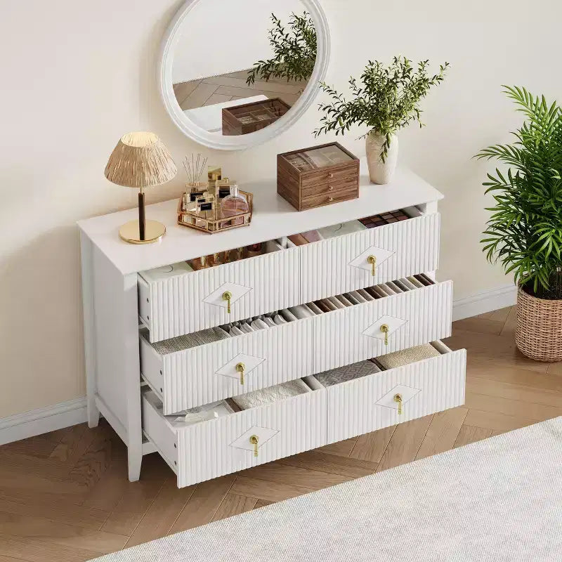 Commode 6 tiroirs de 122 cm de large, meuble de rangement moderne avec poignées métalliques pour chambre à coucher, blanc