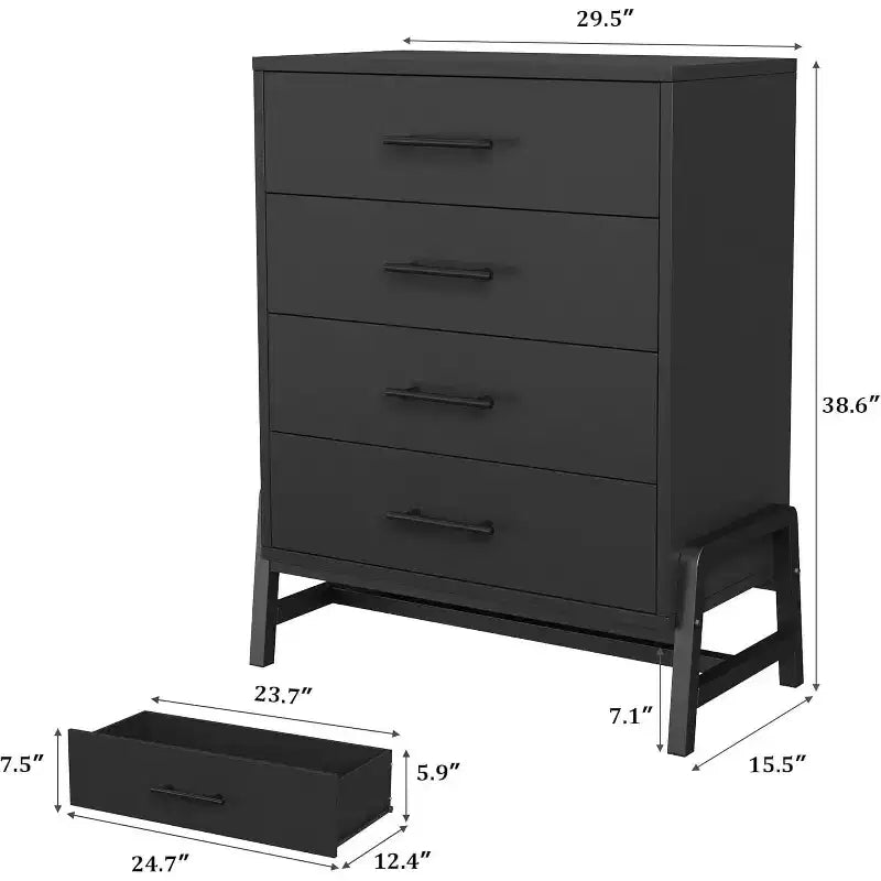 38.6 Tall 4-Drawer Dresser, Freestanding Wooden Closet Chest, Black