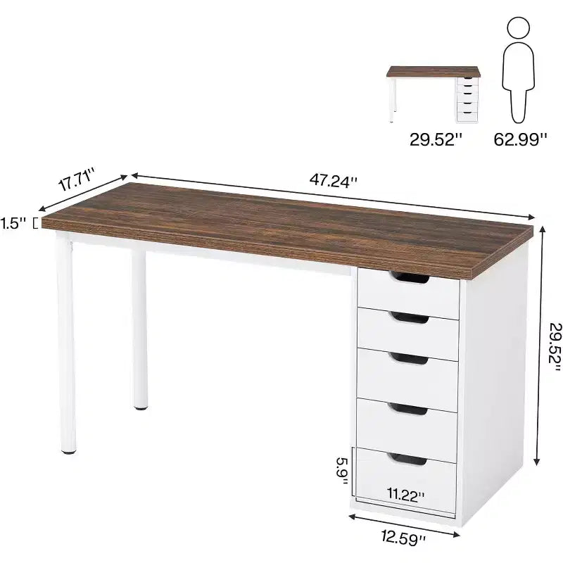 Bureau informatique 47 po marron rustique avec 5 tiroirs, rangement moderne et armoire réversible pour petits bureaux à domicile