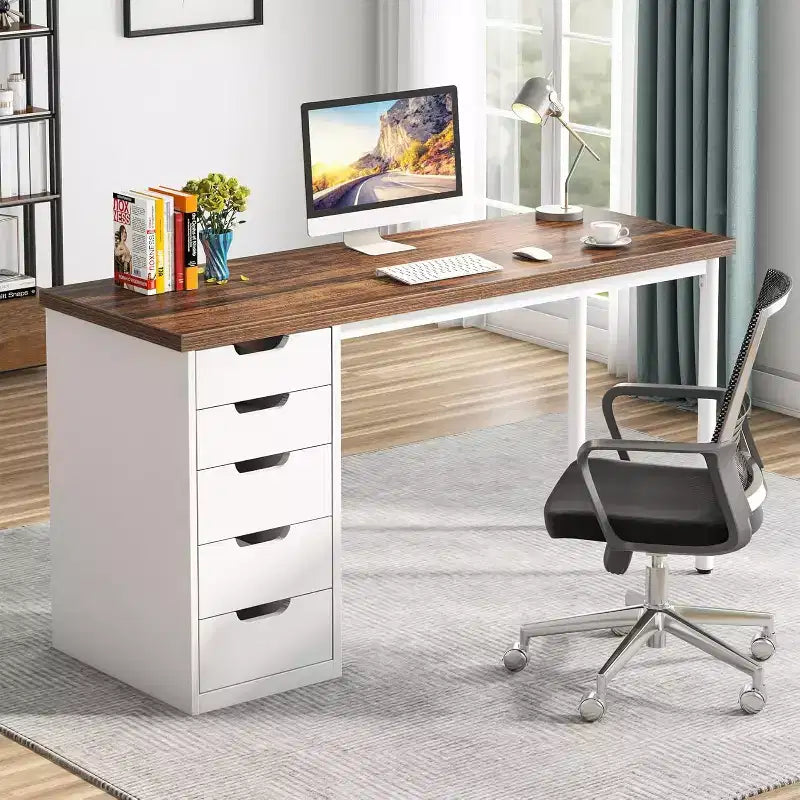 Bureau informatique 47 po marron rustique avec 5 tiroirs, rangement moderne et armoire réversible pour petits bureaux à domicile