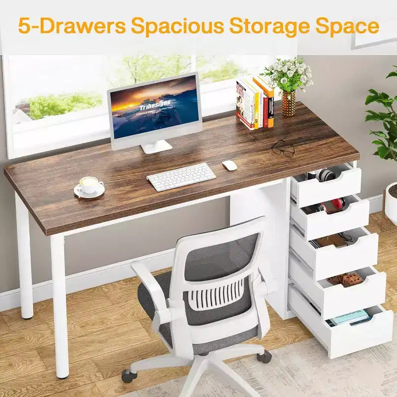 Bureau informatique 47 po marron rustique avec 5 tiroirs, rangement moderne et armoire réversible pour petits bureaux à domicile